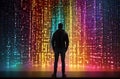 man entering or walking into future digital world, businessman on binary code background, digital world concept