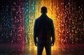 man entering or walking into future digital world, businessman on binary code background, digital world concept