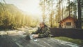 Man entrepreneur near his summer house with the laptop Royalty Free Stock Photo
