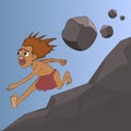 Man escaping from boulder rolling down a hill