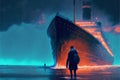 Man escaping sinking vessel during rainy night. illustration painting