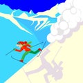 Man escaping from snow avalanche in mountains. Snowslide or snowslip