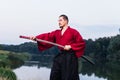 Man in ethnic samurai japanese clothing uniform