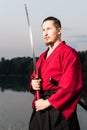 Man in ethnic samurai japanese clothing uniform