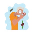 Man examines a ladybug through a magnifying glass, scientist entomologist, beetle study hobby, illustration in flat style