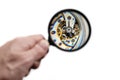 A man examines the mechanism of a old watch through a magnifying glass. Watch repair. macro Royalty Free Stock Photo