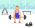 Man Exercising with Barbell in the Gym, Young Man Doing Physical Activity and Sports Vector Illustration