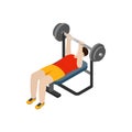 Man exercising on bench press icon, isometric 3d