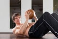 Man is exercising with medicine ball in gym Royalty Free Stock Photo