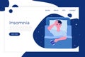 Man with exhausting insomnia, sleep problems. Man try to sleep on bed. Web page template
