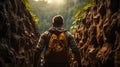 Man Exiting Rock Valley into New Sunlight, Symbolizing Peaks and Valleys