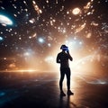 Man Experiencing Virtual Reality in Futuristic Environment