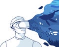 Man experiencing virtual reality using looking ocean. Metaverse digital cyber world technology