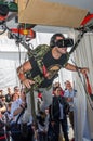 Man experimenter feels the installation simulator skydiving glasses with virtual reality and flight simulation computer program ha