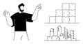 Man Explaining Concept with Puzzle Pieces and Cityscape Illustration Royalty Free Stock Photo