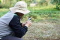 Man explorer holds magnify glass to explore tiny plants in garden. Royalty Free Stock Photo