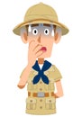 A man in an explorer\'s outfit with a frustrated expression Upper body