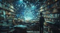 Man explores advanced holographic technology in a library filled with books