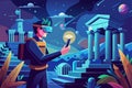 Man explores ancient architecture and celestial phenomena using virtual reality headset in a vibrant landscape Royalty Free Stock Photo