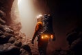 Man exploring the cave deep under earth. Generative AI