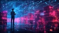 Man exploring digital cityscape with neon lights and data visualization