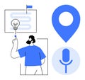 Man Exploring Ideas with Map Marker, Microphone, and Light Bulb Concept Royalty Free Stock Photo