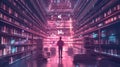 Man exploring infinite digital library filled with glowing books and data