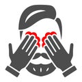 Man eyes hurt and itch solid icon, body pain concept, person has eye problems vector sign on white background, glyph
