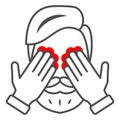 Man eyes hurt and itch thin line icon, body pain concept, person has eye problems vector sign on white background