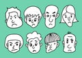 Man face cartoon icon vector illustration, Men Smiling, young men avatar line icon, hand drawn in Black and white people Sad faces