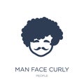 Man face curly hair and moustache icon. Trendy flat vector Man f Royalty Free Stock Photo