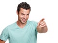 Man, face and happy vision pointing finger for advertising, marketing mockup and product suggestion in white background