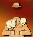 Man without a face holds 3 masks in his hands. Classic suit and bowler hat of a businessman. Surreal Image