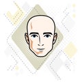 Man face, human head. Vector character, handsome bald male.