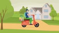 Man in face mask drive motorbike and deliver goods from shop vector cartoon illustration.