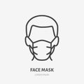 Man in face mask line icon, vector pictogram of disease prevention. Protection wear from coronavirus, air pollution