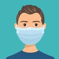 Man face in Medical protection blue mask. Vector illustration of health care people. Cartoon flat style.