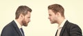 Man face portrait, banner with copy space. two businessmen starring to each other in business conflict, opposition.