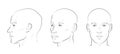 Man face portrait three different angles and turns of a male head. Bald hairless man. Vector line sketch. Set of