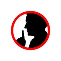 Man face profile with hand, shhh forbidden icon on white, please keep quiet sign Royalty Free Stock Photo