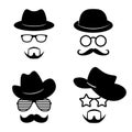 Man faces with glasses, mustache, beard, hats. Photo props collections. Retro party set. Vector Royalty Free Stock Photo