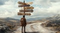Man facing crossroad choosing right path, embracing uncertainty and decision-making on open road journey