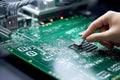 A man in a factory assembles and tests an electronic board. Modern production of electronic components Royalty Free Stock Photo