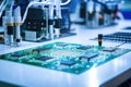A man in a factory assembles and tests an electronic board. Modern production of electronic components Royalty Free Stock Photo