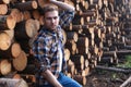 Black and white photo of a man at the factory processing wood, s Royalty Free Stock Photo