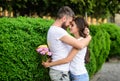 Man fall in love with gorgeous girl. Man bearded hipster hugs woman. Strong romantic feelings become true love. He will Royalty Free Stock Photo