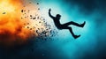 Man Falling and Disintegrating Against Abstract Blue and Orange Background