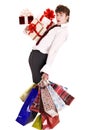 Man with falling group gift box and shopping bag. Royalty Free Stock Photo