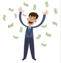 On a man are falling money bills. Joyful businessman jumping from happiness