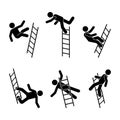 Man falling off a ladder stick figure pictogram. Different positions of flying person icon set symbol posture on white.